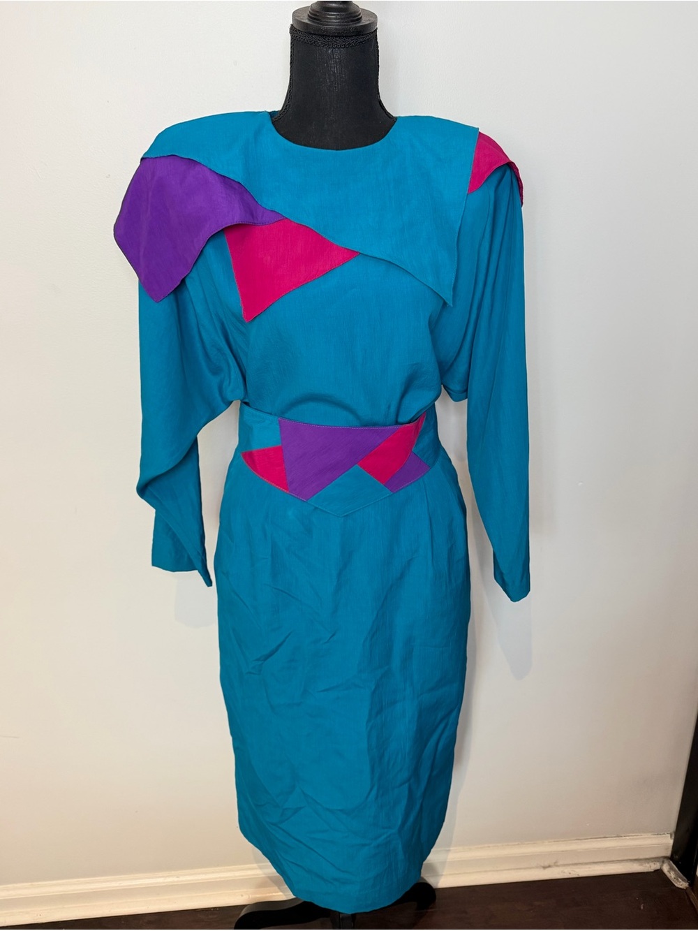 Vintage Teal Colorblock 3 Piece Set with Belt 1980s - Size 8